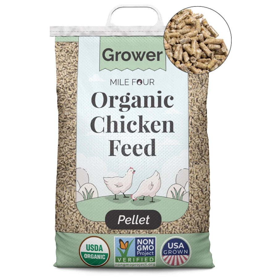 a large bag of Mile Four Organic Chicken Grower Feed pellet