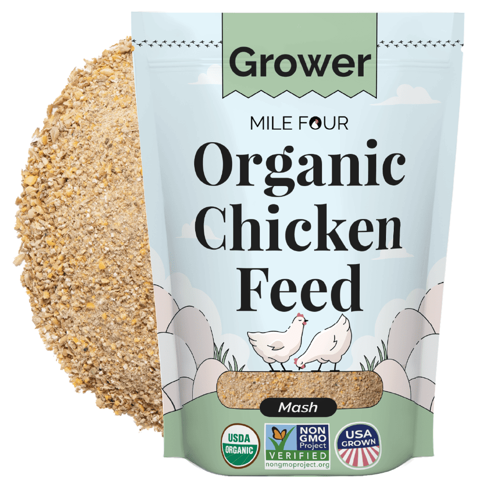 a pile and bag of Mile Four Organic Chicken Grower Feed mash