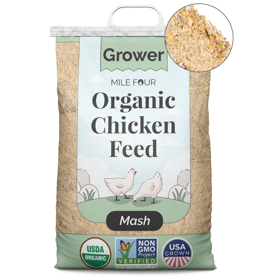 a large bag of Mile Four Organic Chicken Grower Feed mash