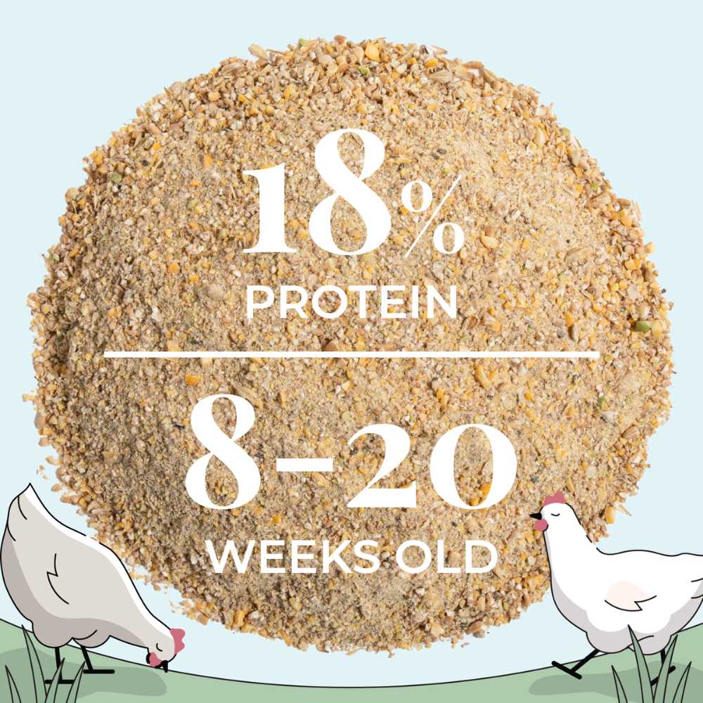 Mile Four Organic Chicken Grower Feed is 18% protein for birds 8 to 20 weeks old