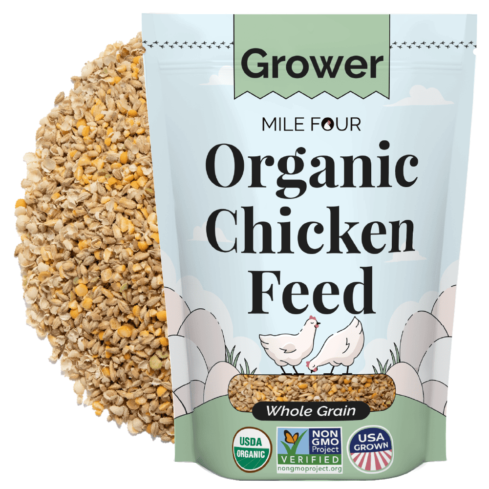 a bag and a pie of Mile Four Organic Chicken Grower Feed whole grain
