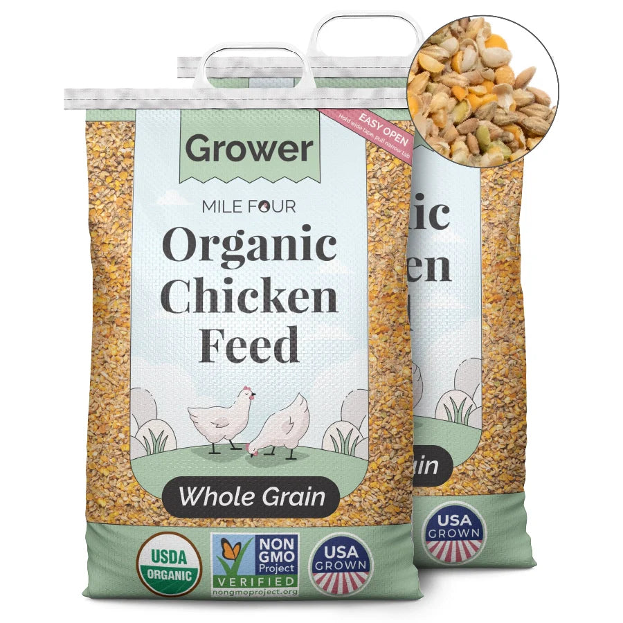 Two large bags of Mile Four Organic Chicken Grower Feed