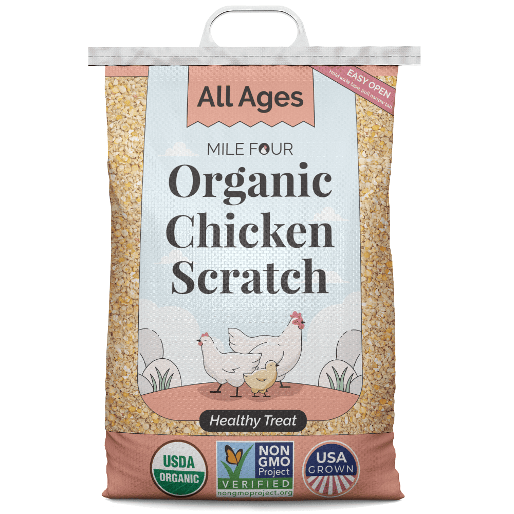 a large bag of Mile Four Organic Chicken Scratch