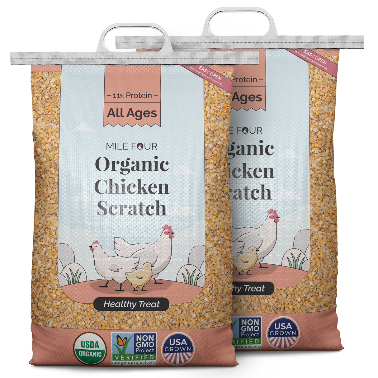 two large bags of Mile Four Organic Chicken Scratch