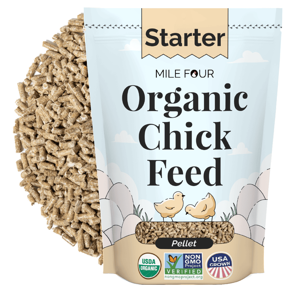 a bag of Mile Four Starter Organic Chicken Feed pellet