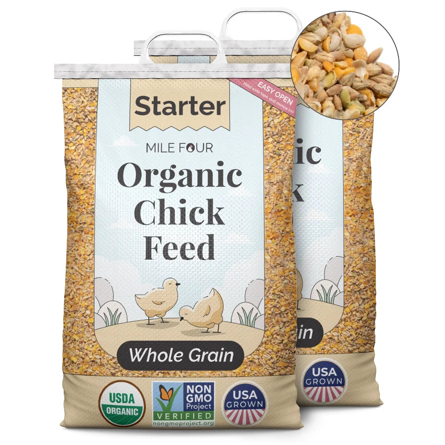 Two large bags of Mile Four Starter Organic Chicken Feed whole grain