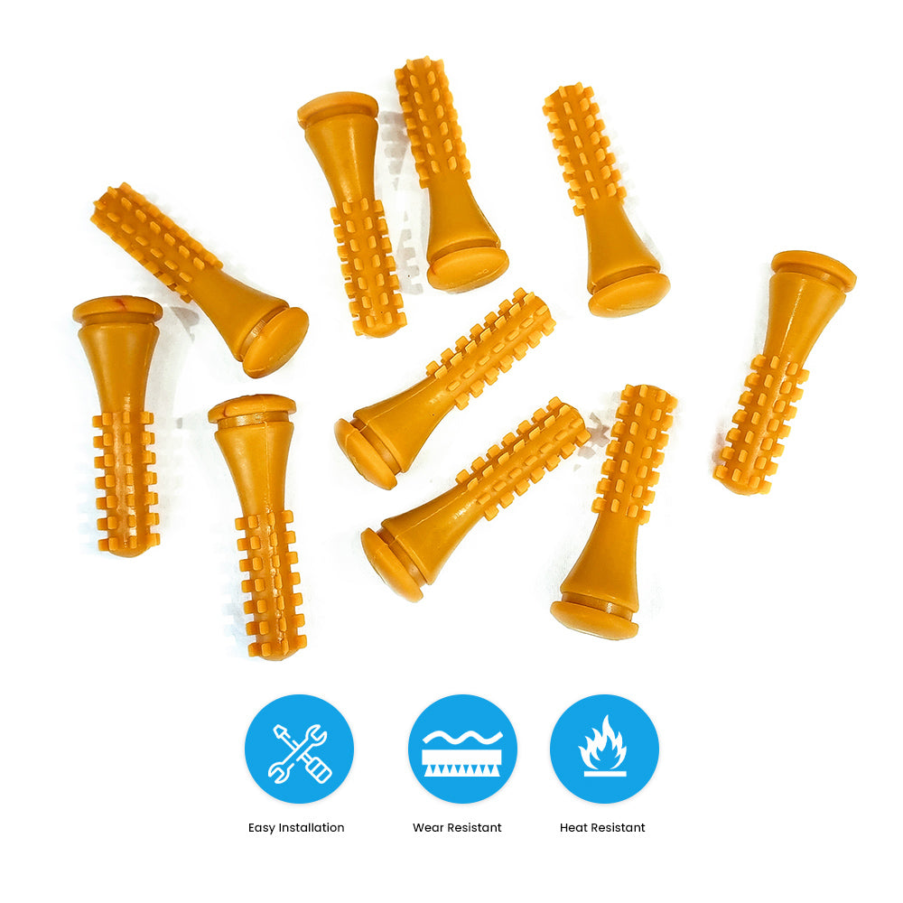 Set of yellow natural rubber poultry plucking fingers showing easy installation, wear resistance, and heat resistance icons