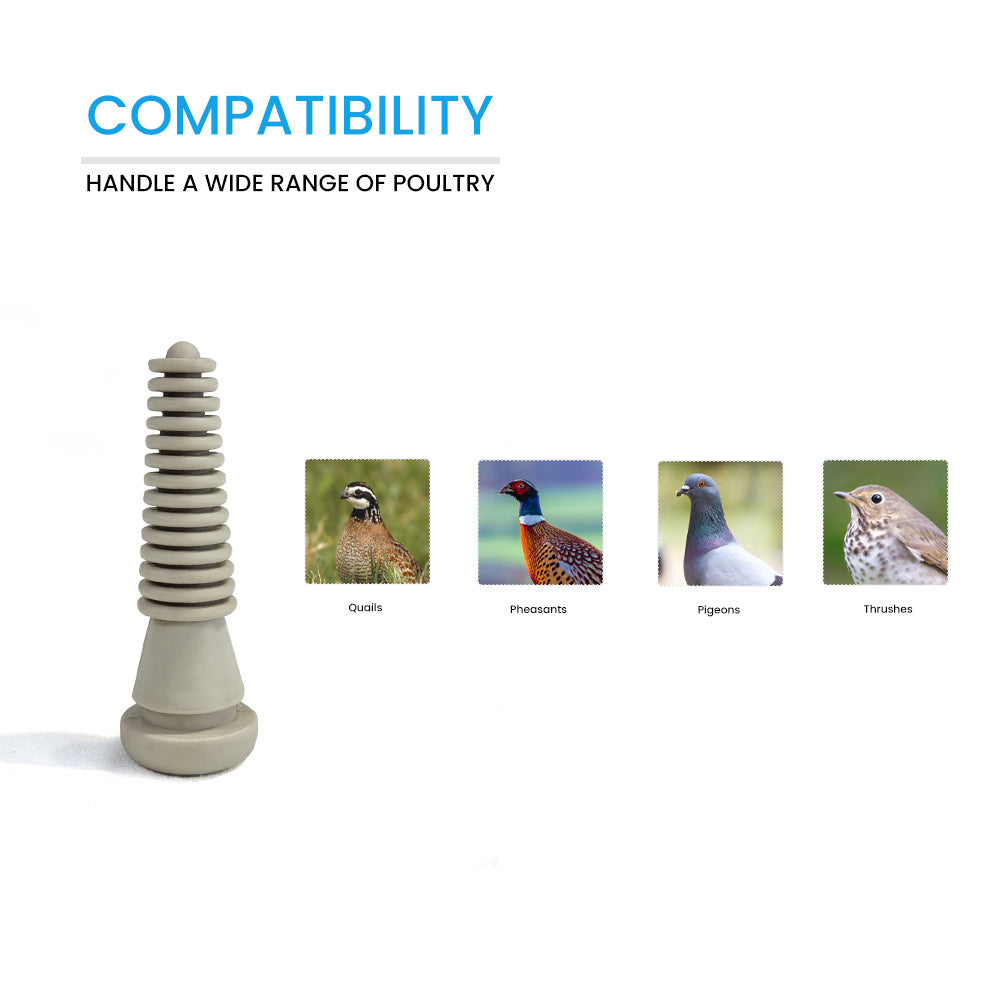 Ring-shaped ProB natural rubber plucking finger shown with compatible bird types including quails, pheasants, pigeons, and thrushes for gentle feather removal