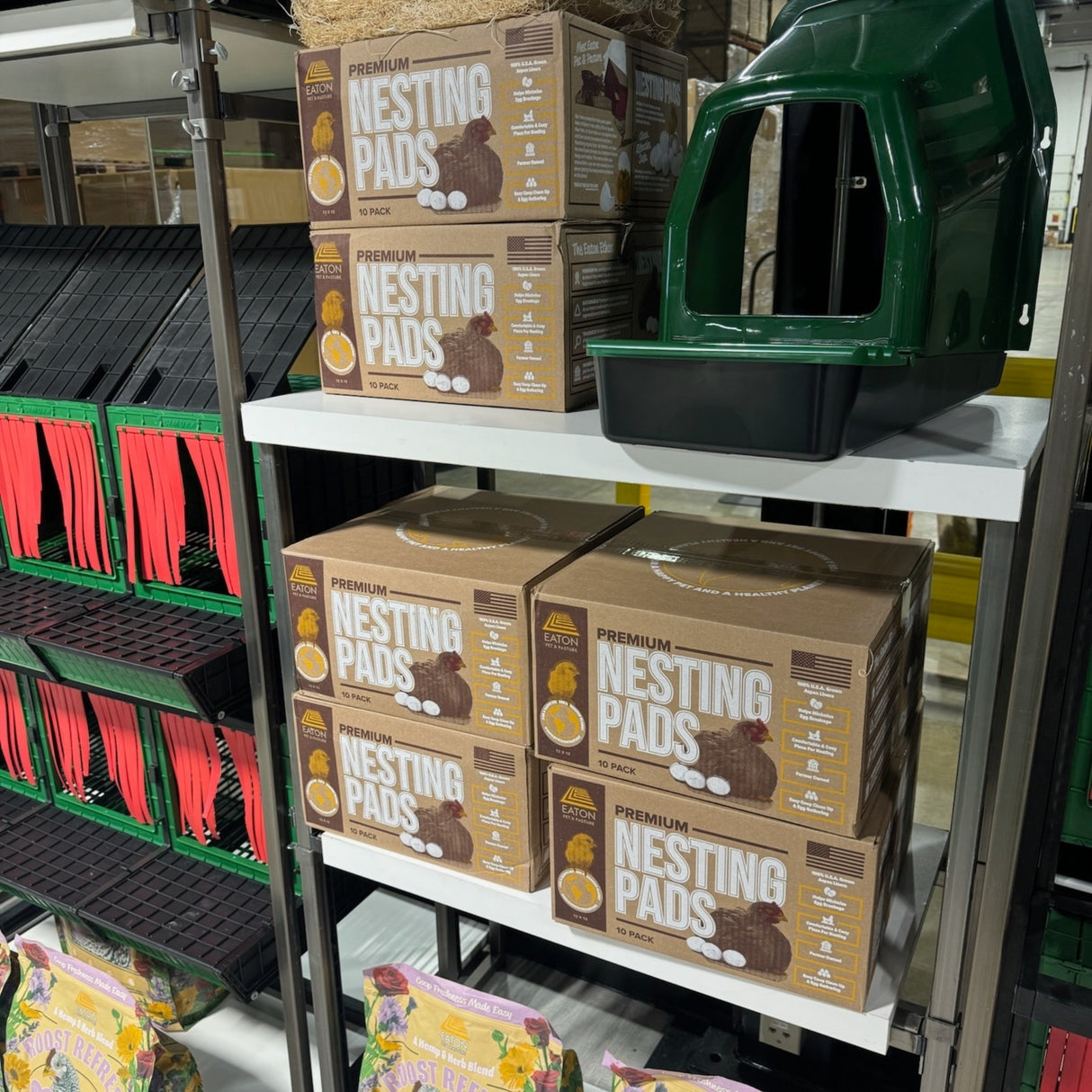 Hatching Time Eaton. Nesting Pads can be seen on shelf in Showroom. A nesting box can be seen on shelf above nesting pads.