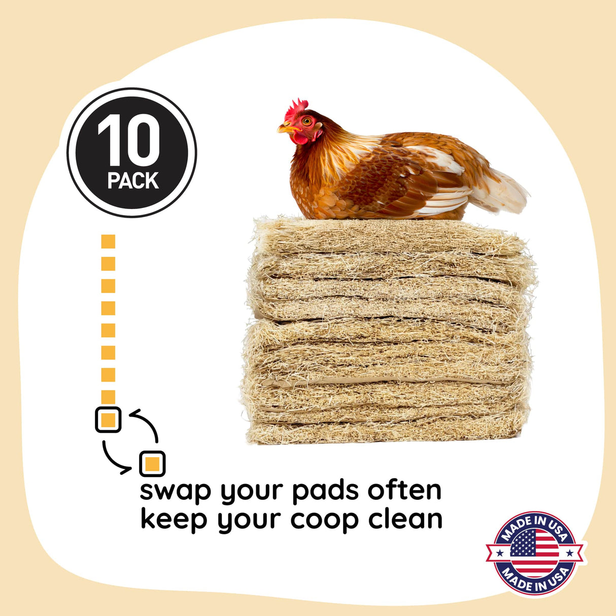 Stack of chicken pads with a chicken on top, labeled '10 Pack' and 'Made in USA'.