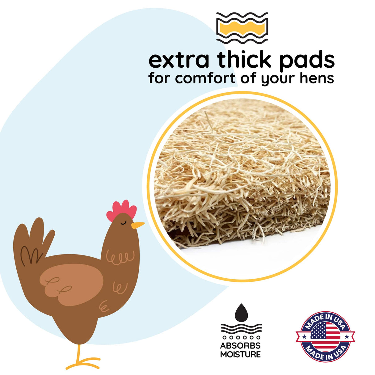 Extra thick pads for hens with a cartoon chicken and close-up of straw, featuring text and logos.
