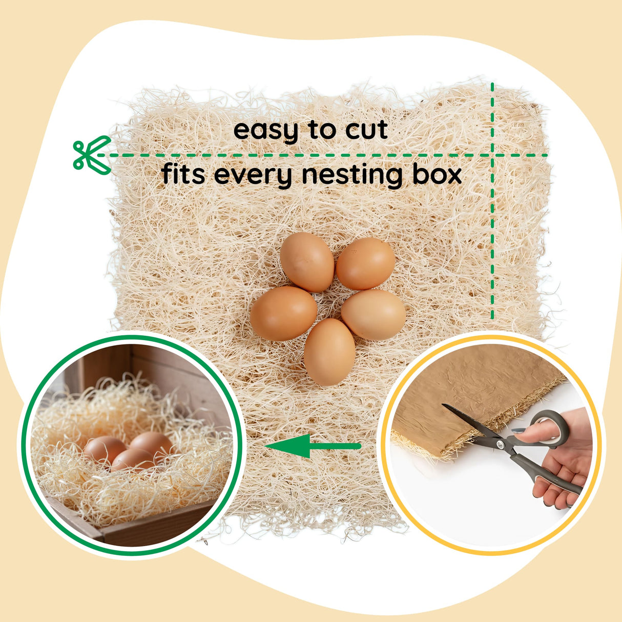 Nest material with eggs and text indicating it fits every nesting box and is easy to cut.