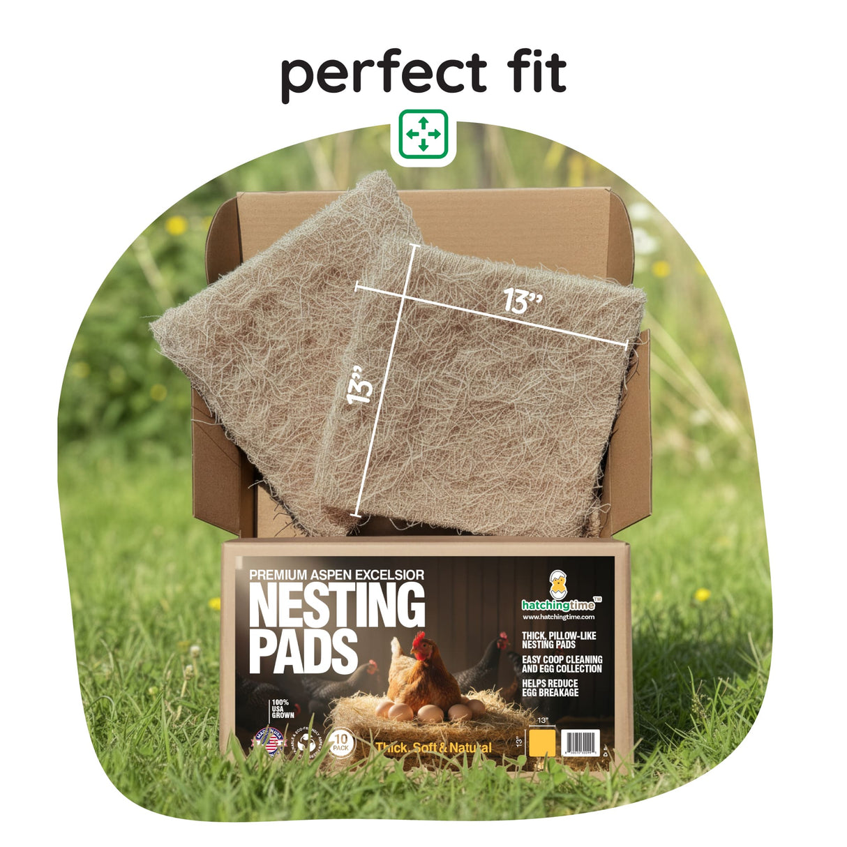 Box of nesting pads with a chicken on a grassy background, labeled 'perfect fit'.