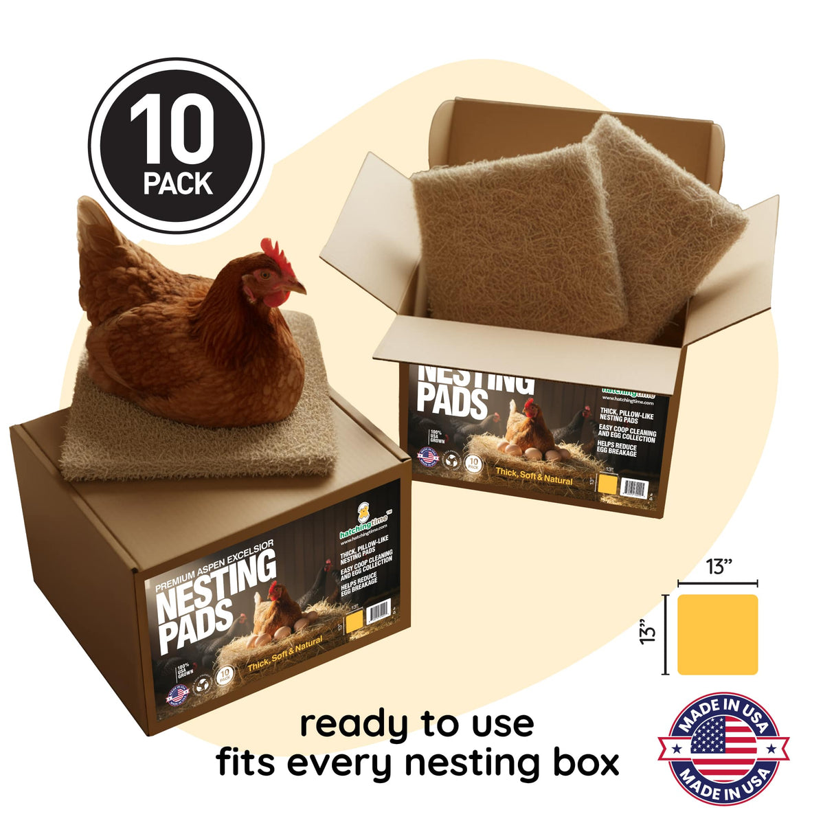 10-pack of nesting pads for chickens with packaging and a chicken on top.