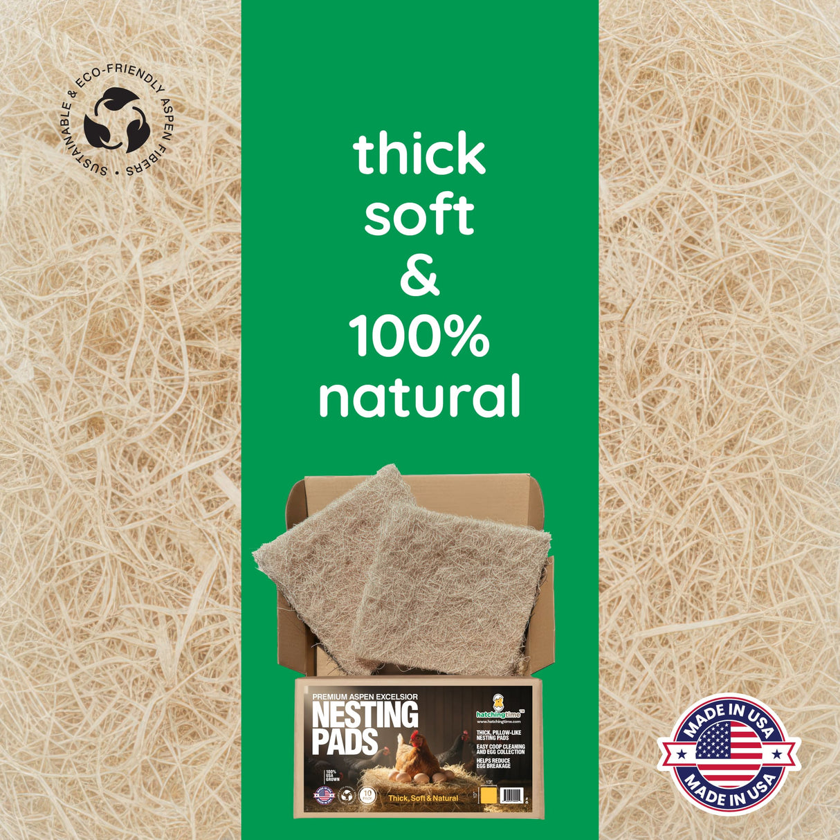 Nesting pads packaging with text 'thick soft & 100% natural' on a green background.