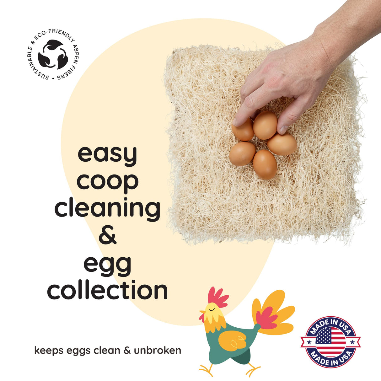 Hand holding eggs over a natural sponge with text about easy coop cleaning and egg collection.