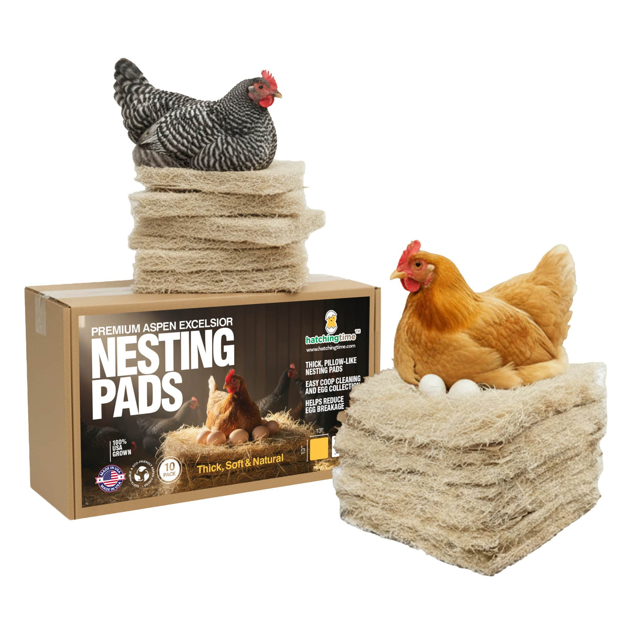 Nesting pads for chickens with a box labeled 'Premium Aspen Excelsior Nesting Pads' on a white background.