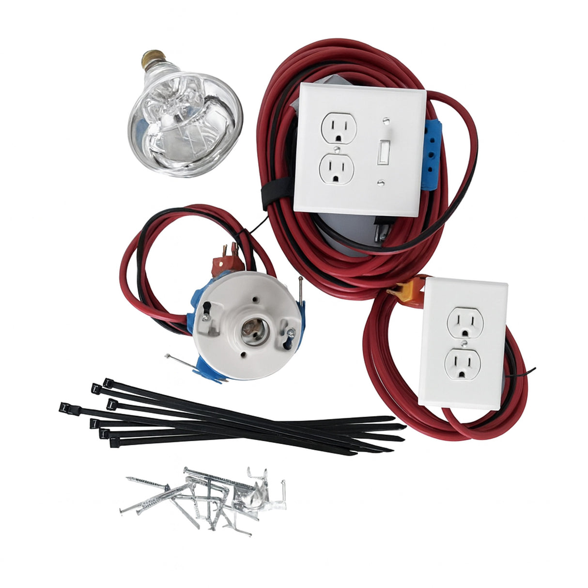 Hatching Time OverEZ. Chicken coop electrical and heat package can be seen. Zipties, lightbulb, outlets and cords are in image.