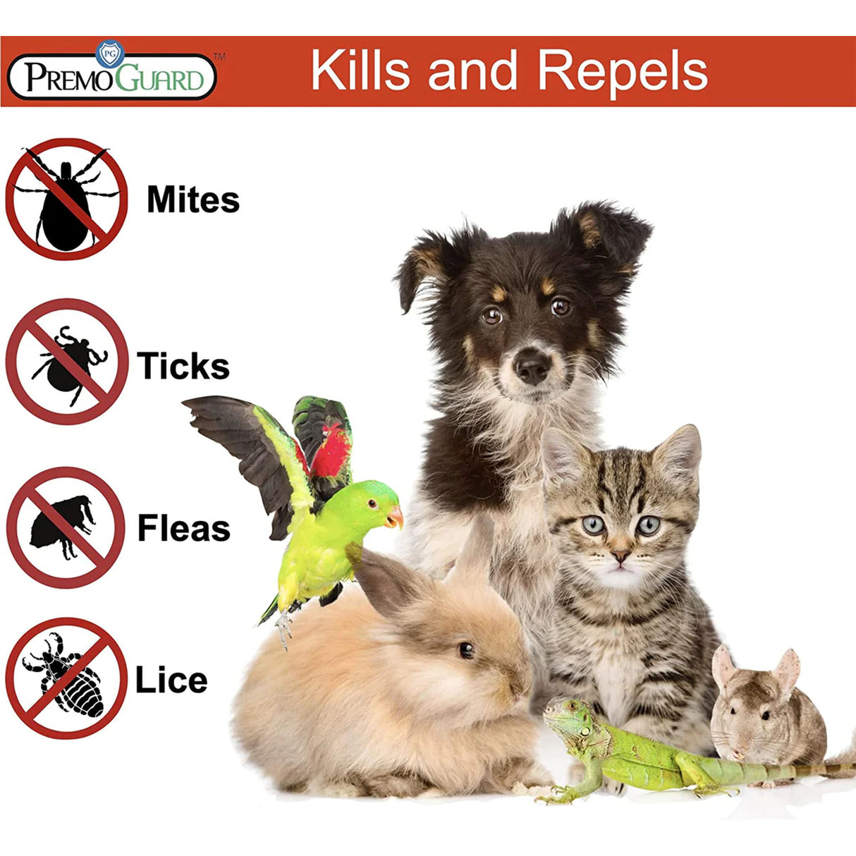 PremoGuard product advertisement with pets and pest control icons on a white background