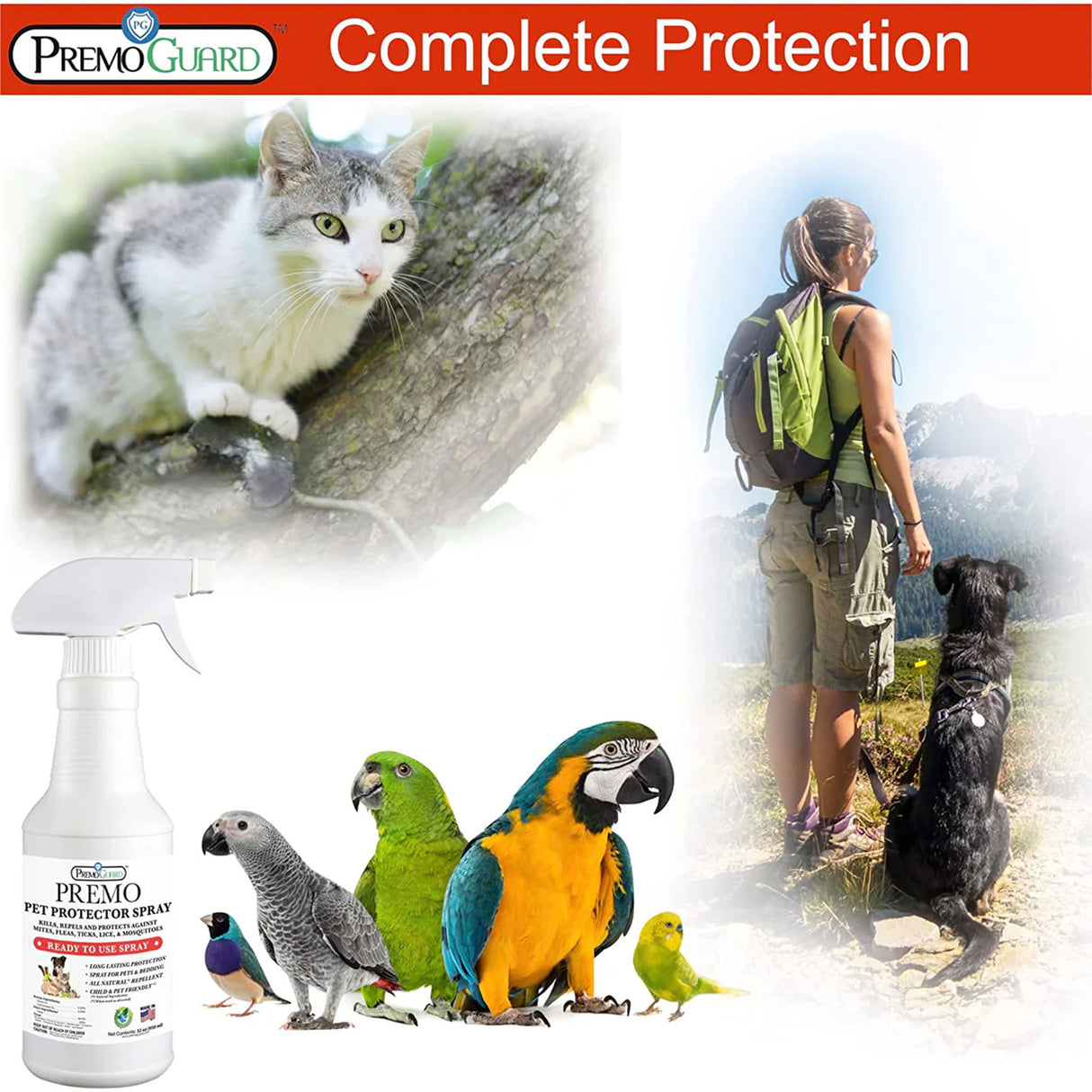 Premo Guard pet protector spray with images of a cat, parrots, and a person with a dog outdoors.