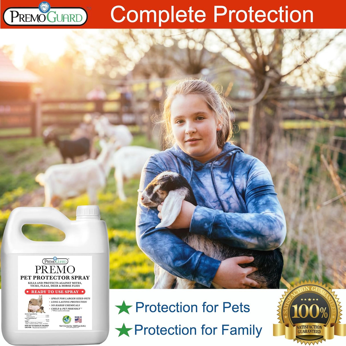 a bottle of Pet Protector By Premo Guard - 128 oz shown with a child holding a baby goat