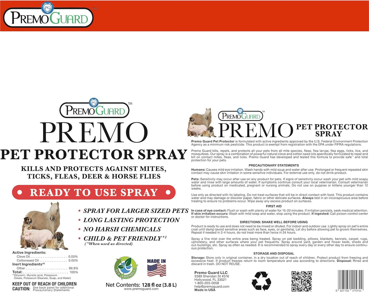 The ingredient list, Precautionary statements, first aid info, directions, and storage and disposal instructions for Pet Protector By Premo Guard - 128 oz