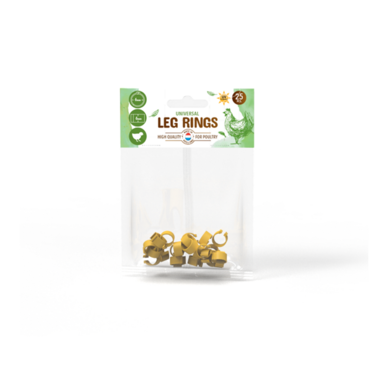 Hatching Time Olba. Universal leg ring bag can be seen full of yellow leg rings.