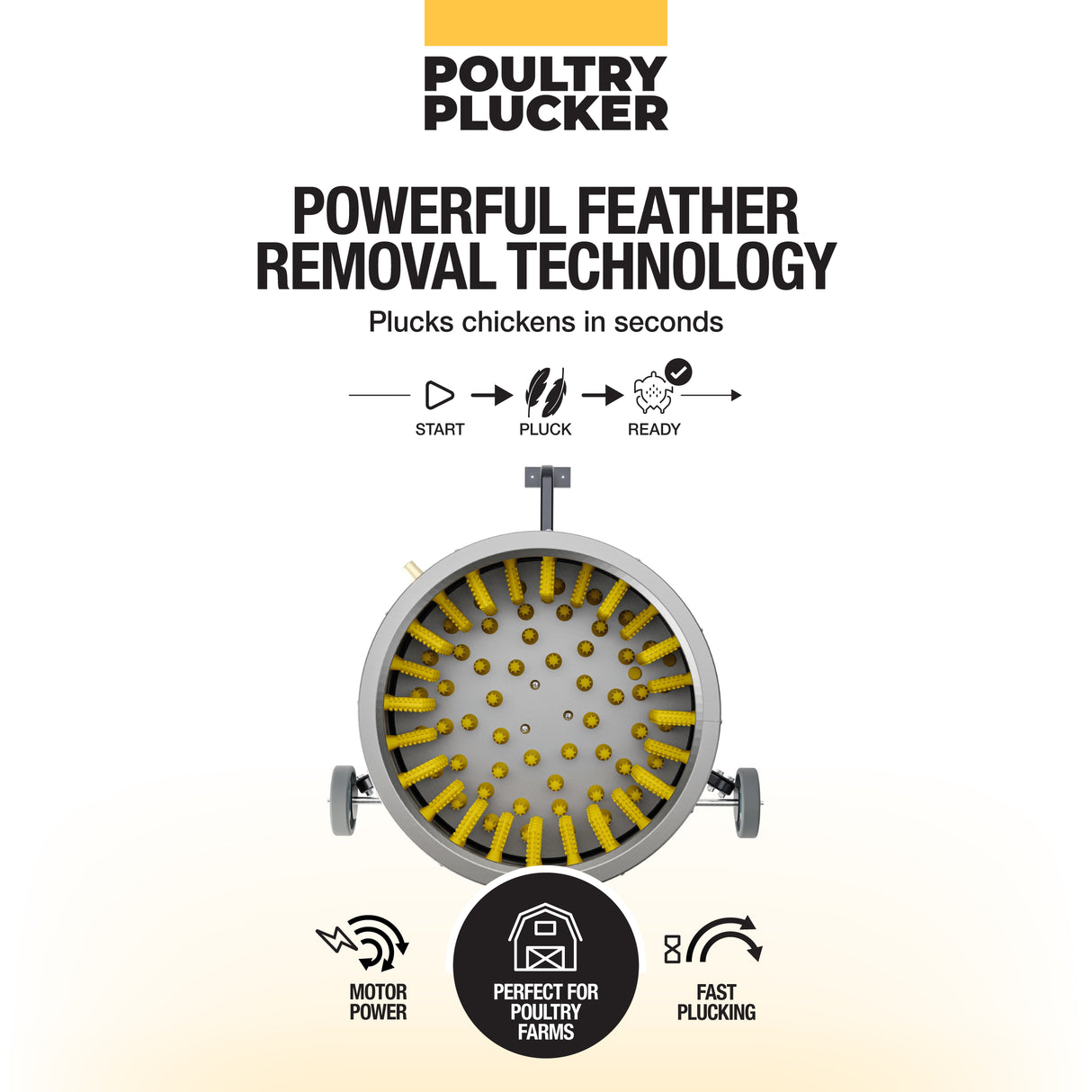 Poultry plucker with powerful feather removal technology using ProA rubber fingers for fast chicken processing