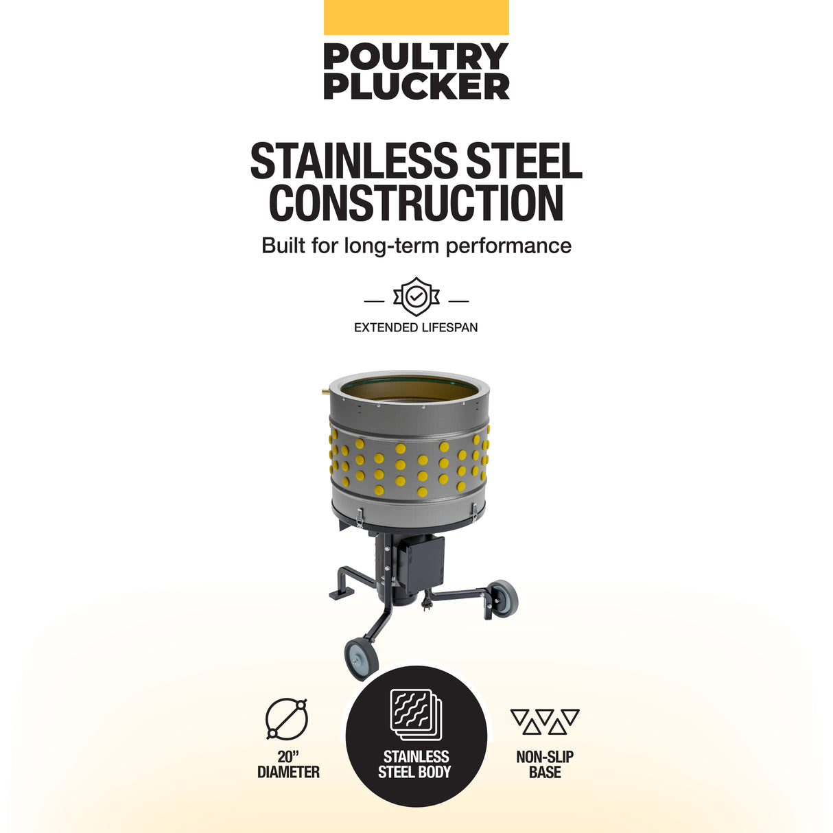 Stainless steel poultry plucker with ProA rubber fingers, durable body, and non-slip wheeled base for long-term performance.