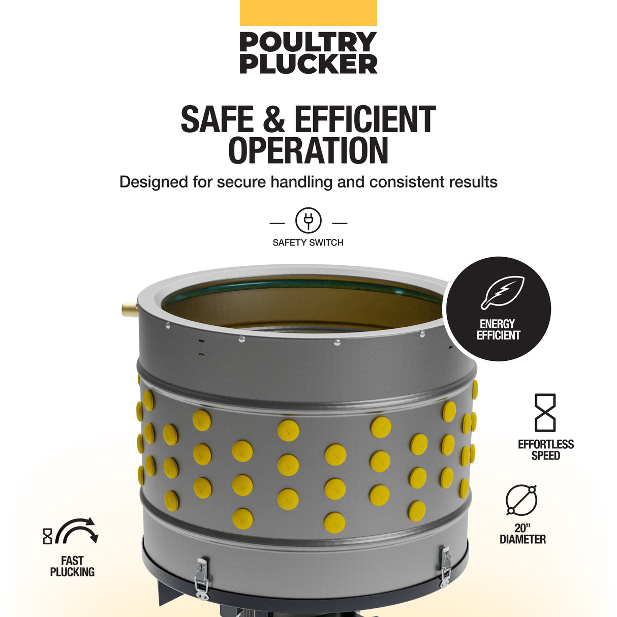 Poultry plucker with safety switch, energy-efficient motor, and 20-inch stainless steel drum for fast and secure feather removal.