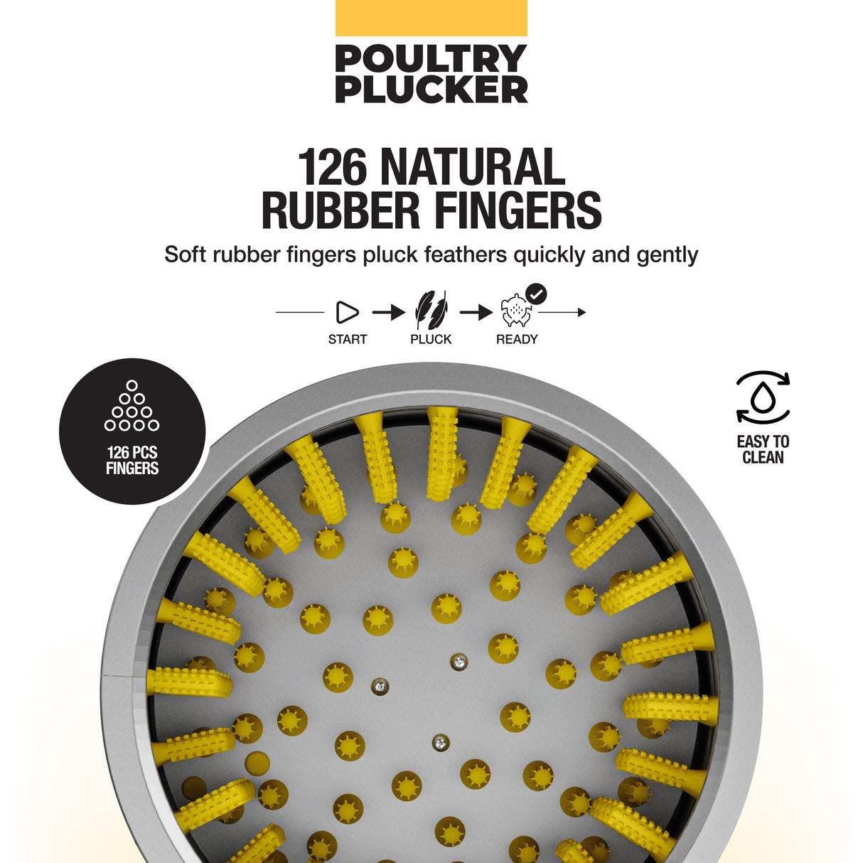 Poultry plucker with 126 natural rubber fingers for fast, gentle feather removal and easy cleaning