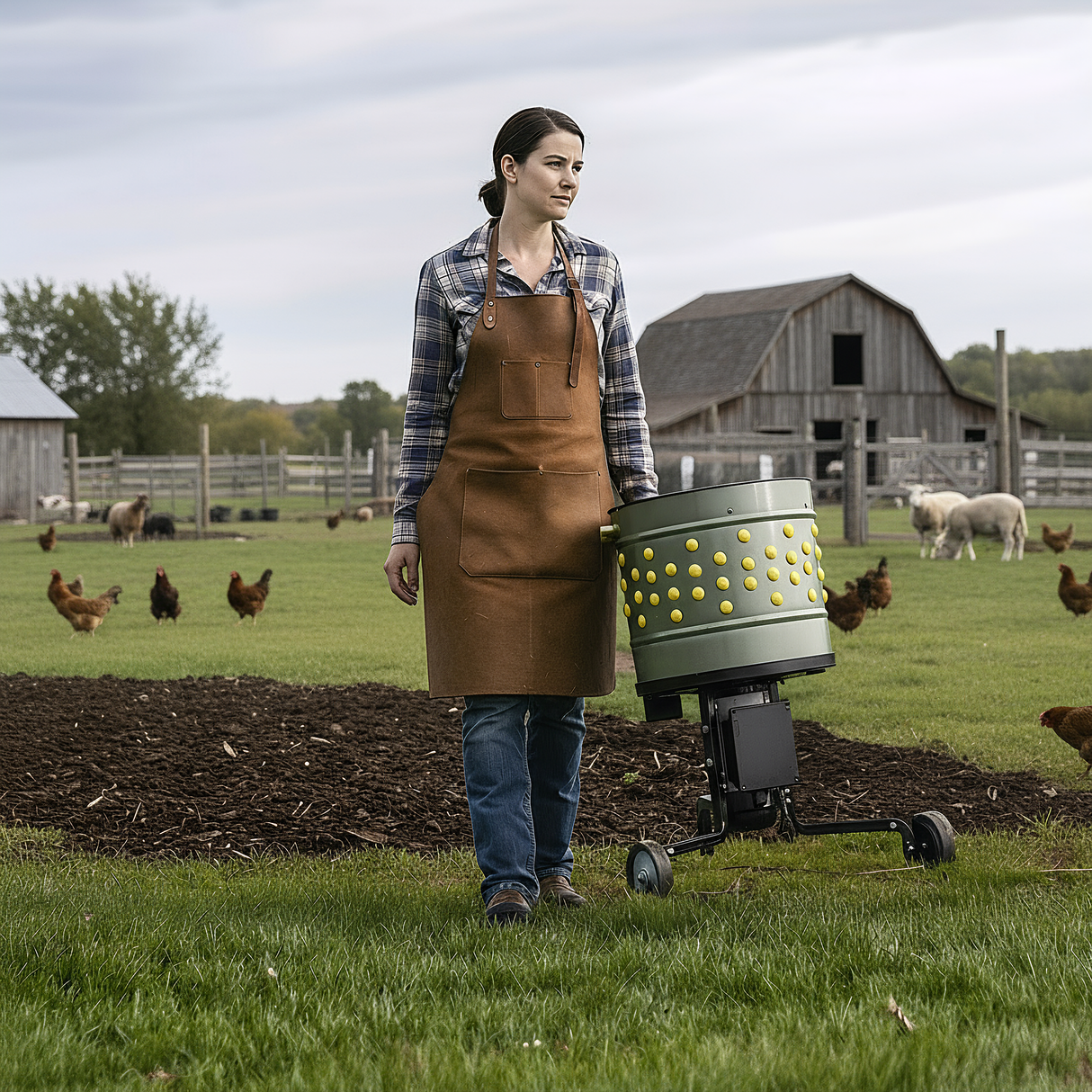 Farmer carrying a stainless steel chicken plucker with yellow rubber fingers on a homestead farm with chickens and barn in the background.