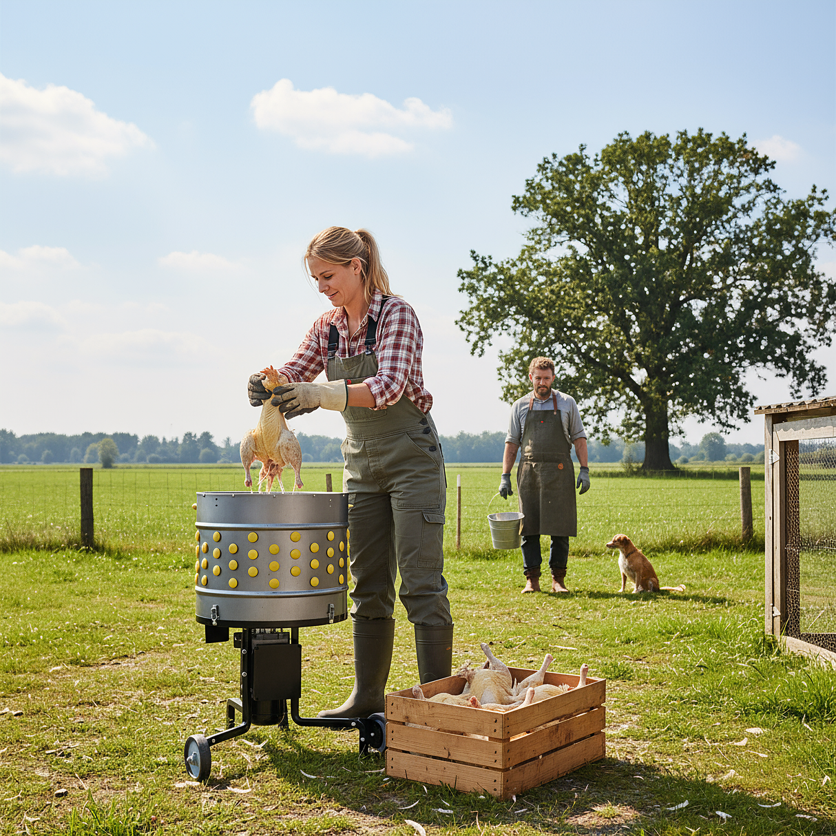 Woman using a chicken plucker machine on a farm with fresh poultry in a wooden crate and a man carrying a bucket in the background