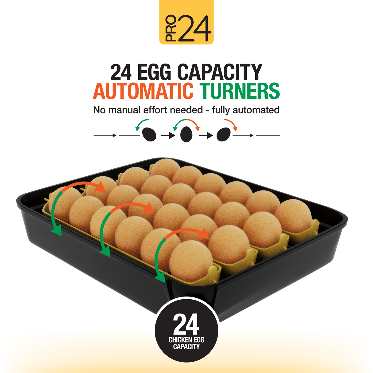 Pro 24 egg incubator tray with automatic turners for 24 chicken eggs, showing fully automated egg turning system