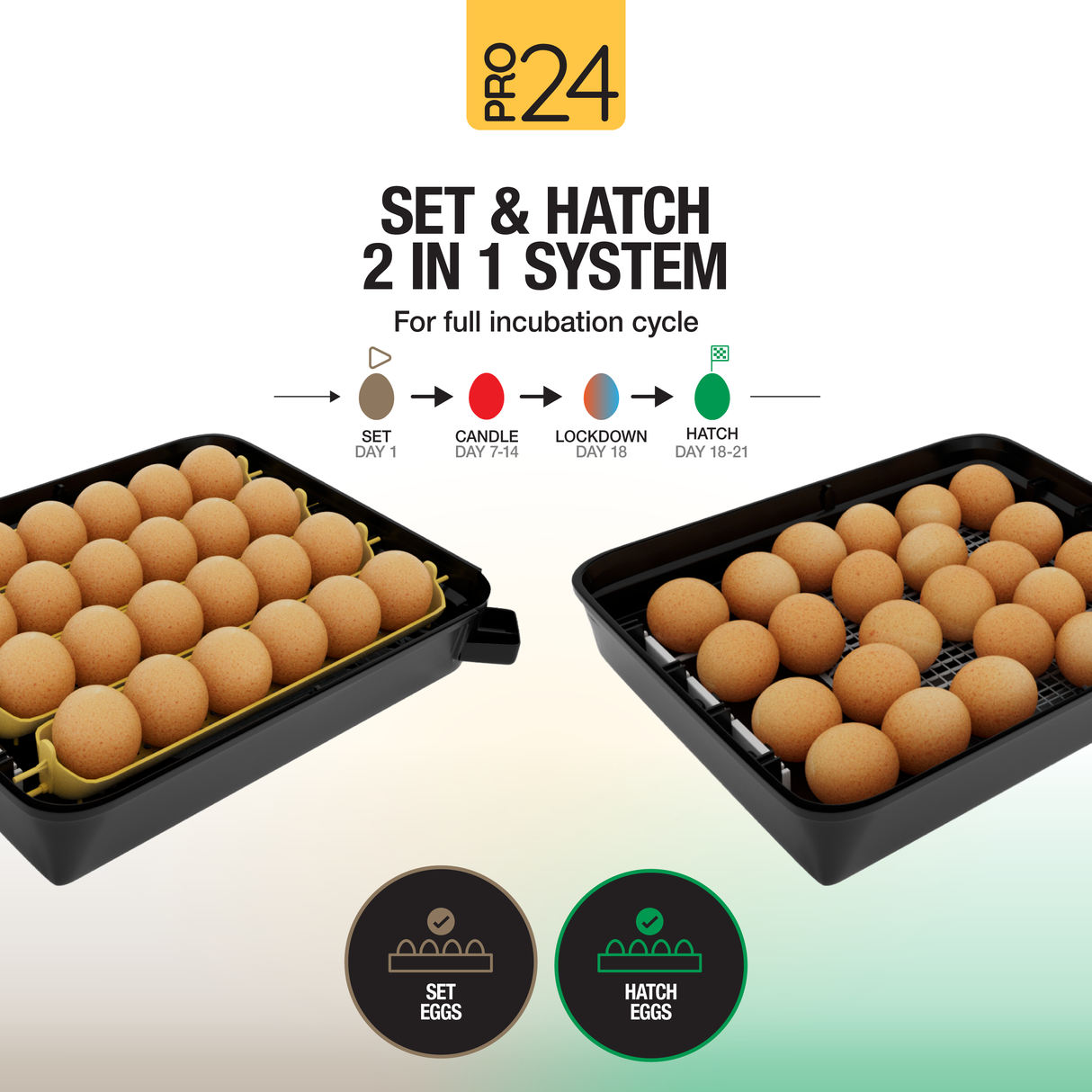 Pro 24 egg incubator with set and hatch 2-in-1 system showing incubation cycle from setting eggs to hatching