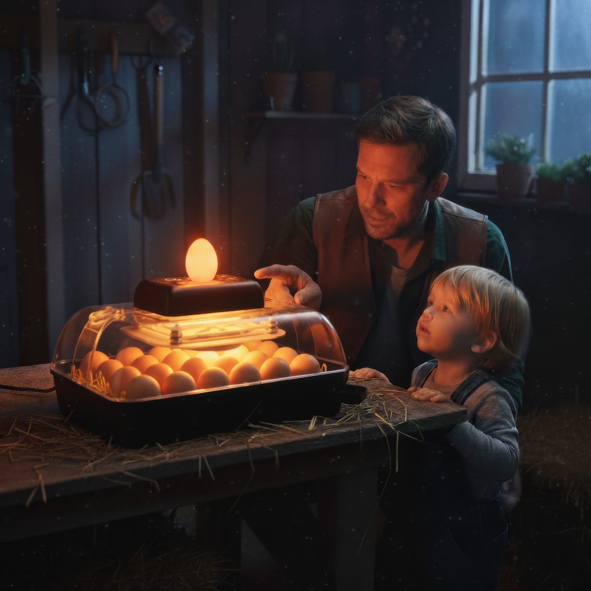 Father and child watching a glowing egg being candled in the Pro 24 incubator inside a cozy barn setting