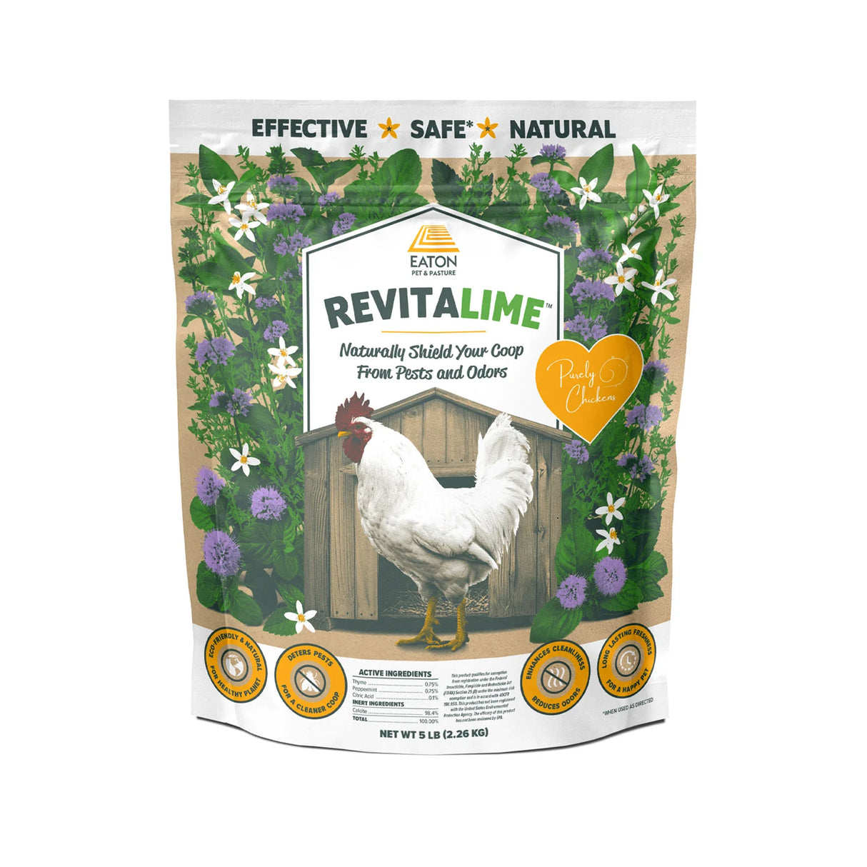 Revitalime 10 lb bag by Eaton Pet & Pasture – natural coop freshener with thyme, peppermint, and calcite to reduce odors and pests safely.