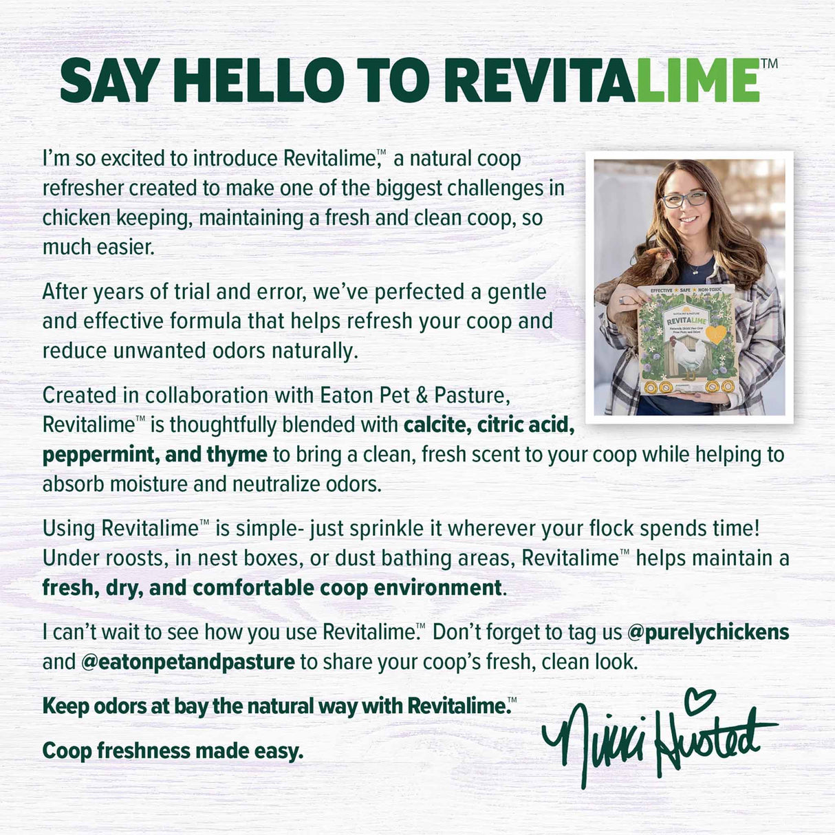 Revitalime introduction by Nikki Husted of Purely Chickens – natural coop freshener with calcite, citric acid, peppermint, and thyme for odor control.