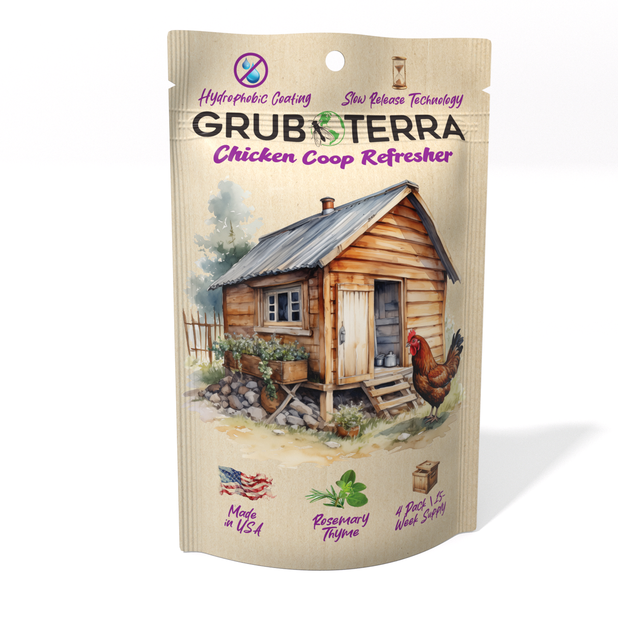 Hatching Time Grub Terra. Chicken Coop refresher. Front of bag can be seen in image for rosemary thyme scent.