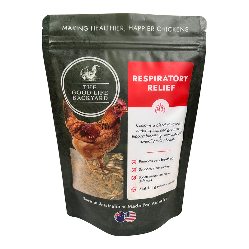 Package of 'The Good Life Backyard' respiratory relief product for chickens on a white background