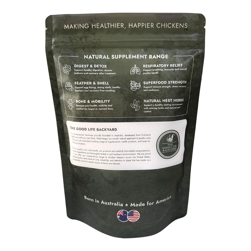 Respiratory Relief Black supplement package for chickens with text and branding on a white background