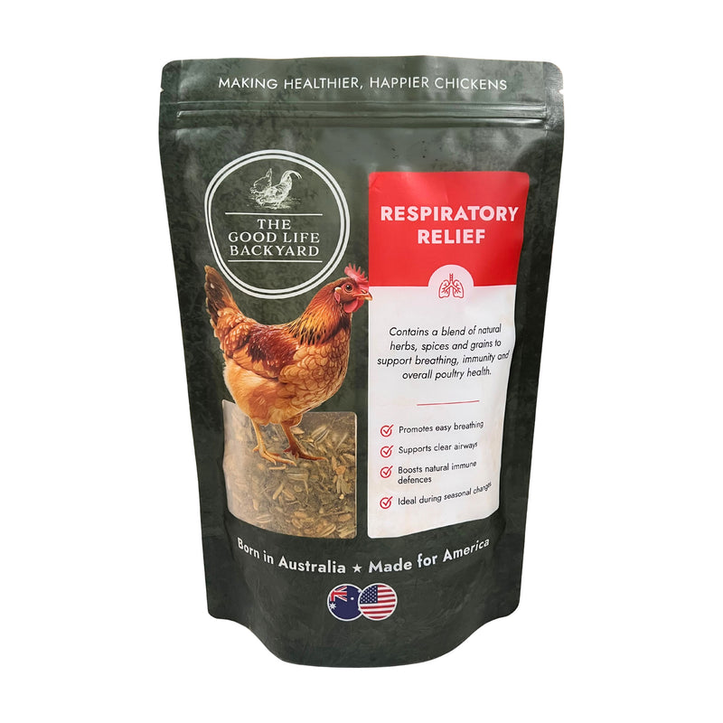 Bag of 'The Good Life Backyard' respiratory relief product for chickens on a white background