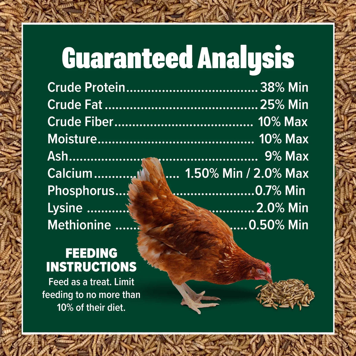 Guaranteed analysis chart for Premium Grubs black soldier fly larvae showing protein, fat, fiber, calcium, phosphorus, lysine, and feeding instructions.