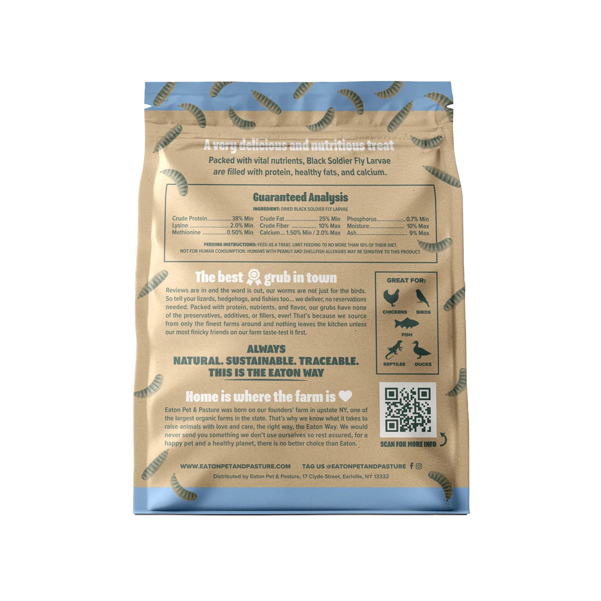 Back of Premium Grubs package displaying guaranteed analysis, feeding instructions, product information, and suitable animal species including chickens, ducks, birds, fish, and reptiles.