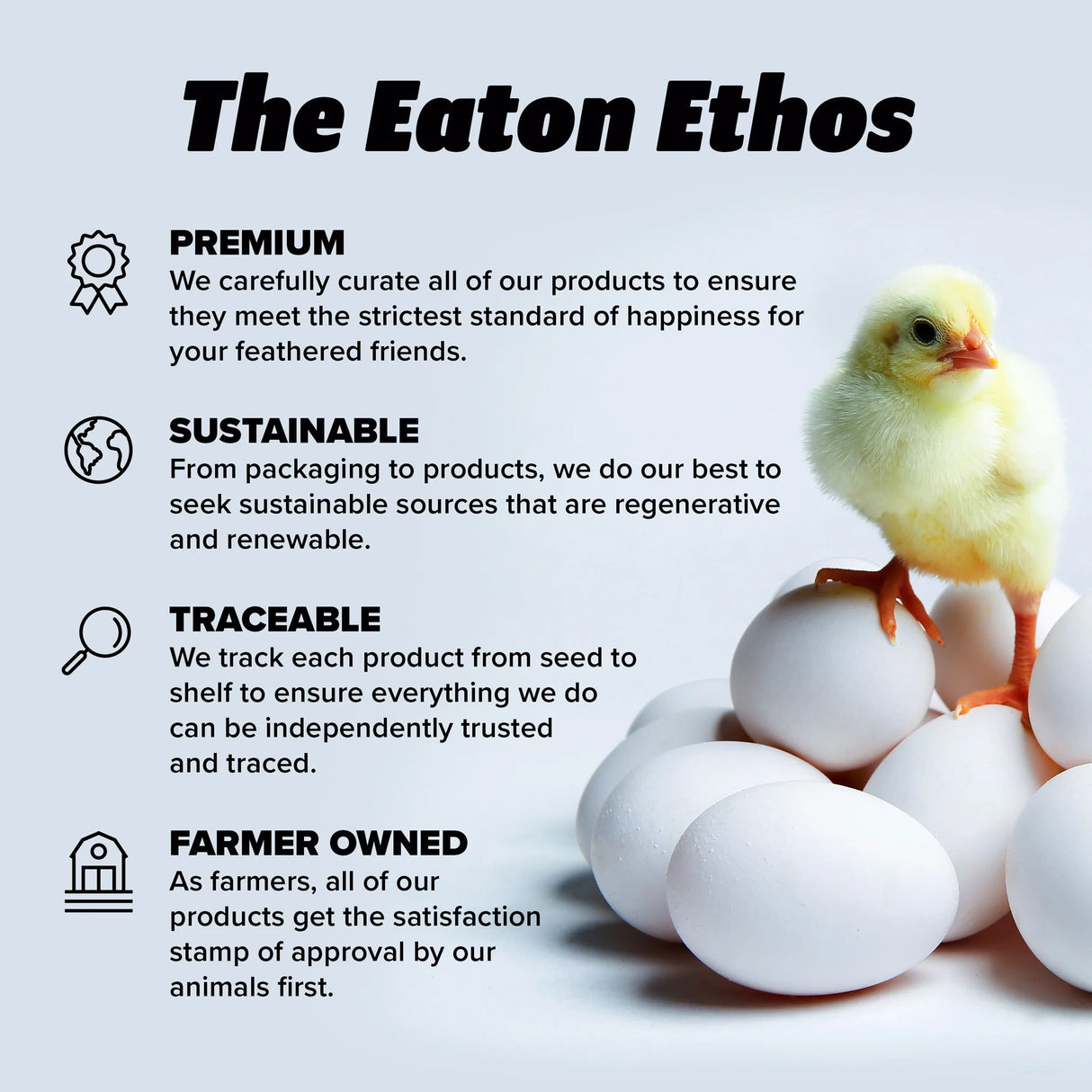 Premium Nesting Pads by Eaton Pet & Pasture featuring farmer-owned values, sustainable sourcing, traceability, and premium quality standards for poultry care.