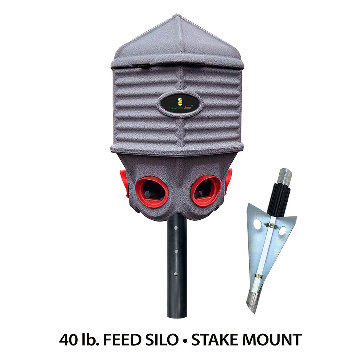 Hatching Time Coopworx 40 lb feeder silo can be seen in image next to stake mount.