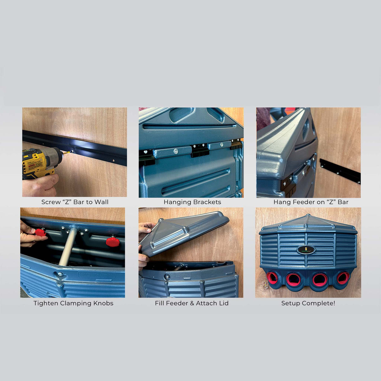 several images of the Silo Waterer (Wall Mount) showing the mounting bracket, hanging brackets, tightening clamps, and lid function