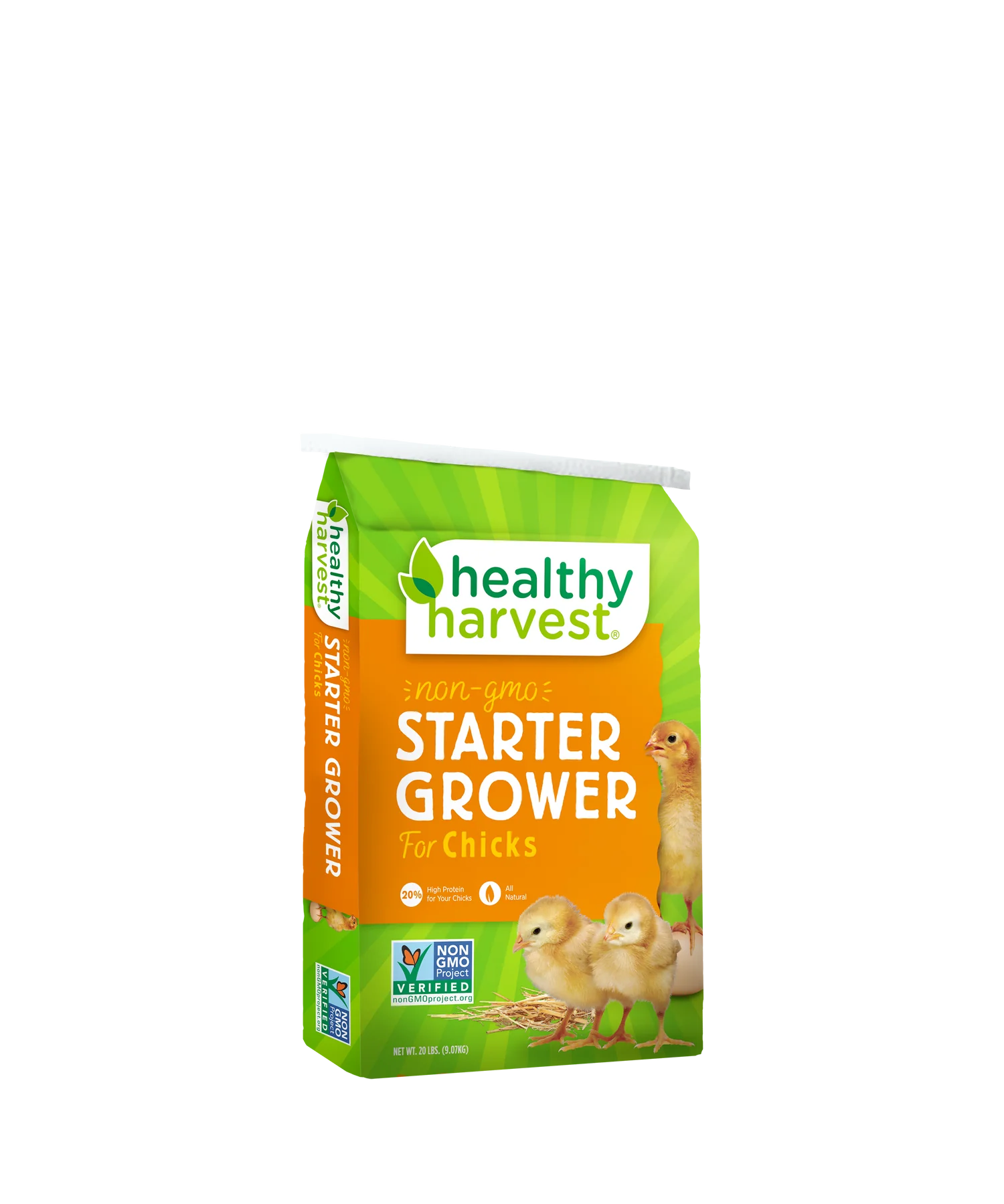 Hatching Time Healthy Harvest. Front of starter grower 20 lb bag can be seen in image.