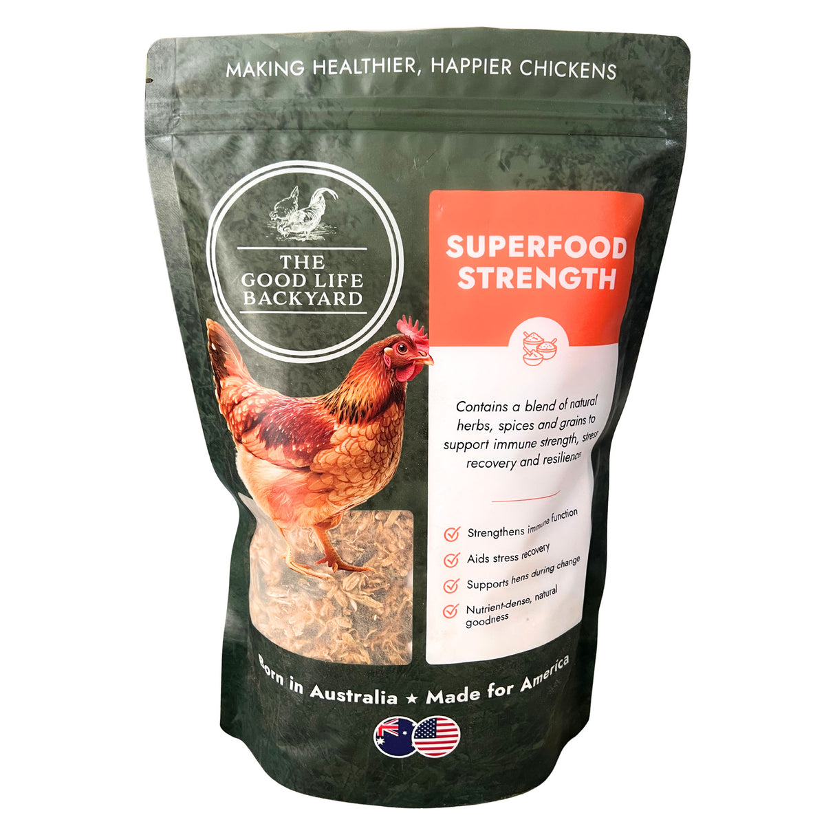 Package of 'The Good Life Backyard' chicken Superfood Strength with a chicken illustration on a white background
