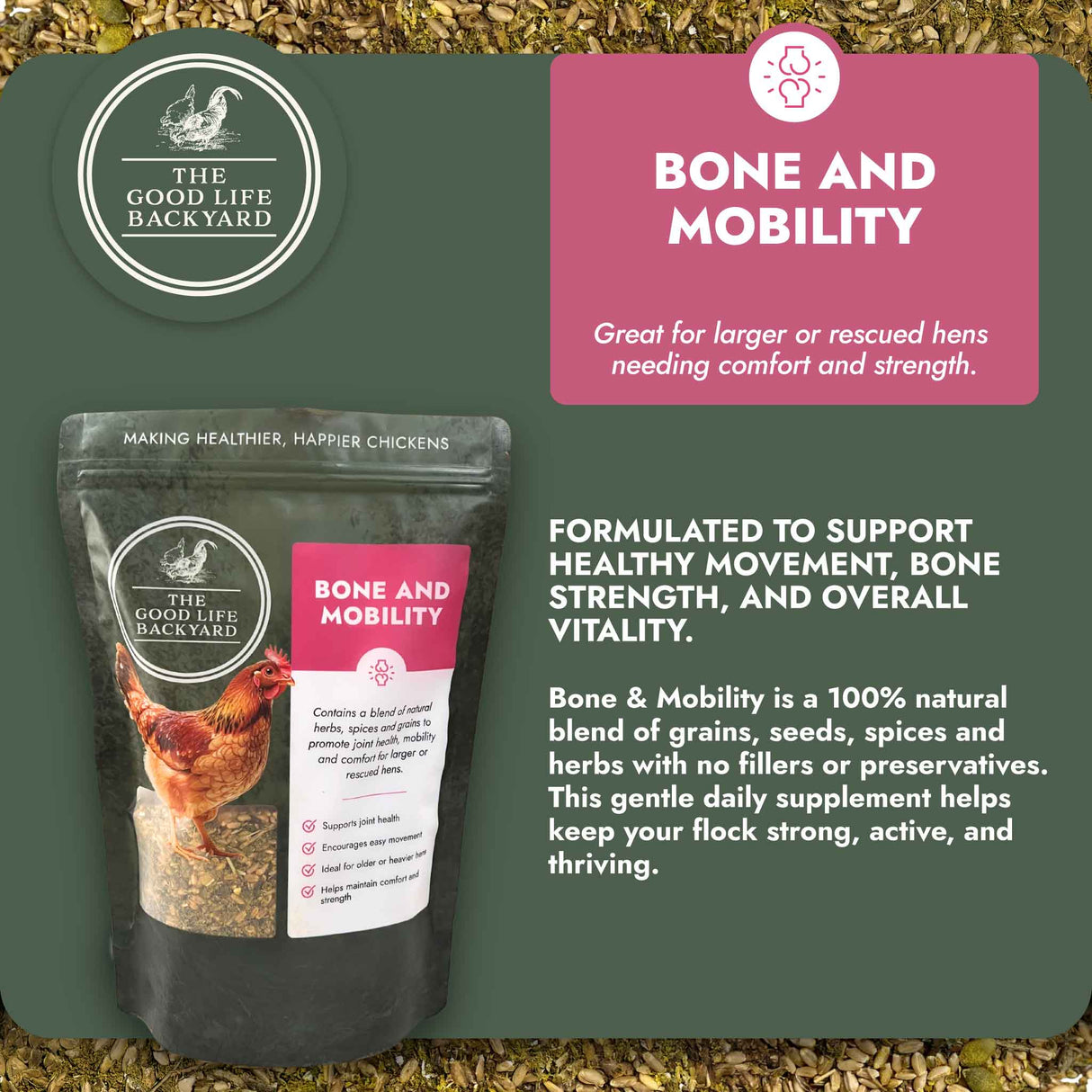 Good Life Backyard bone and mobility supplement packaging with text on a green background